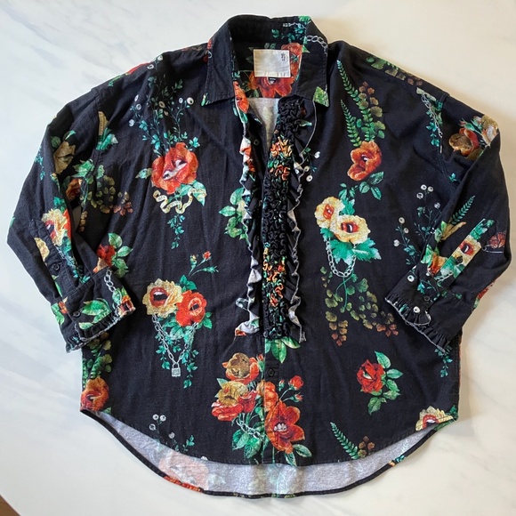 R13 Oversize Black Floral Flannel Drop Neck Tuxedo Shirt Oversized One Size - Picture 3 of 10